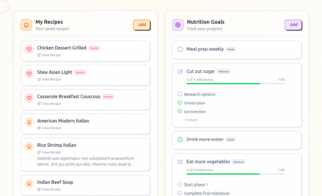 Save recipes and track nutrition habits